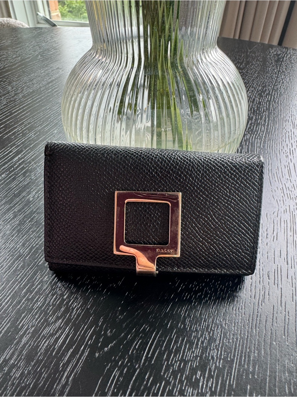 Bally Black Textured Leather key holder with Gold Square Accent